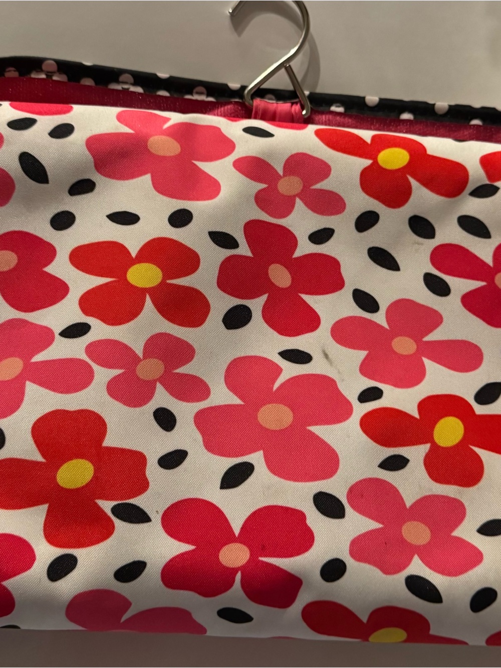 Floral Pink Red Canvas cosmetic/travel Bag with Black Accents